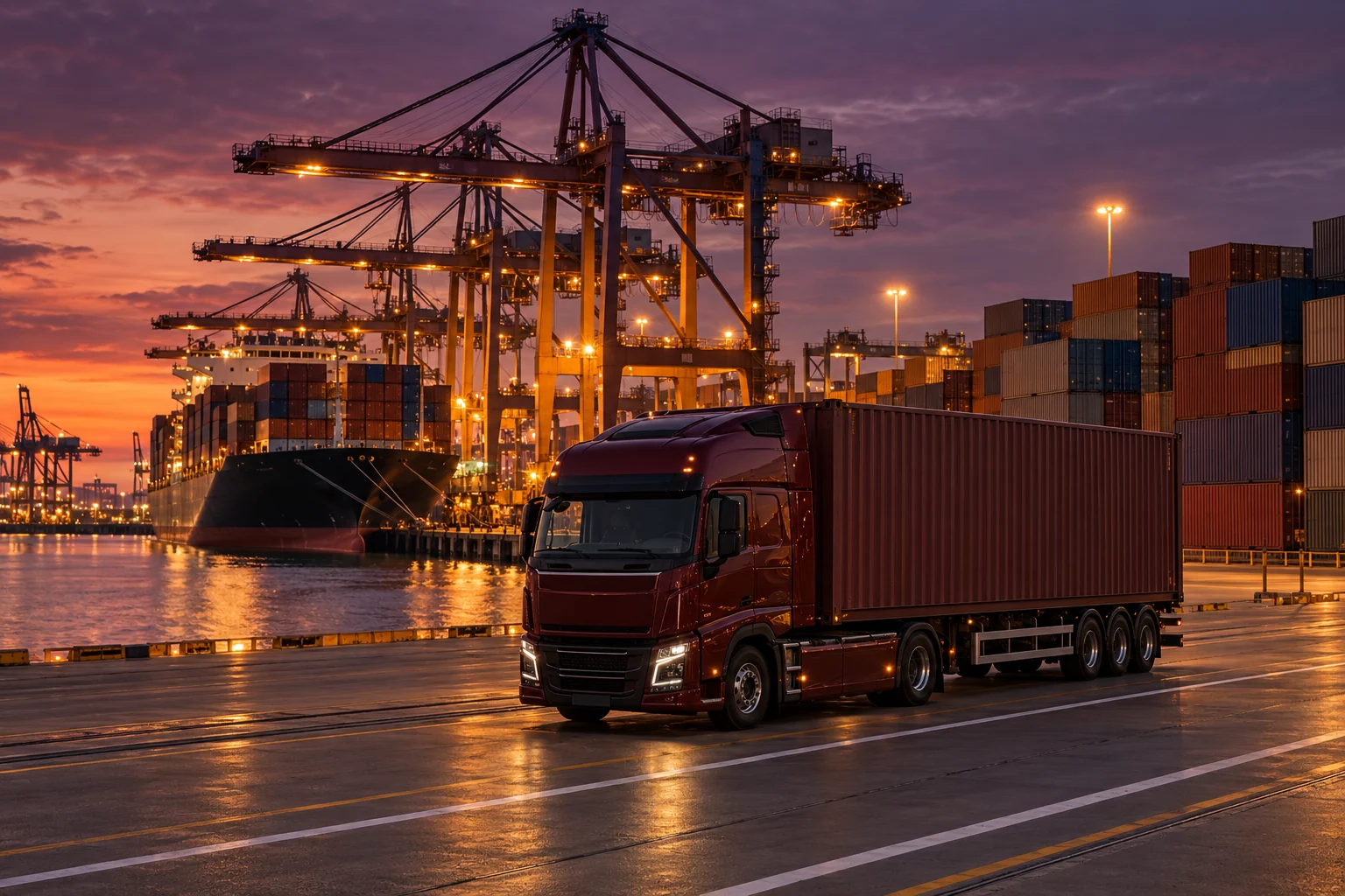 Illustrative container truck at a harbour terminal with cranes and a cargo ship at dusk